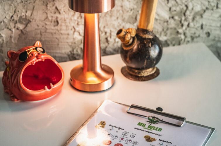 Copper lamp, bong and the red bulldog ashtray detail