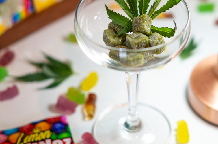 A cannabis-leaf garnished cocktail glass with house edibles at MR.WEED