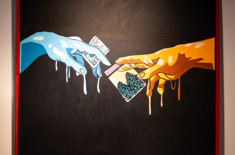 The MR.WEED mural — two hands exchanging cash for flower, after Michelangelo's Creation of Adam