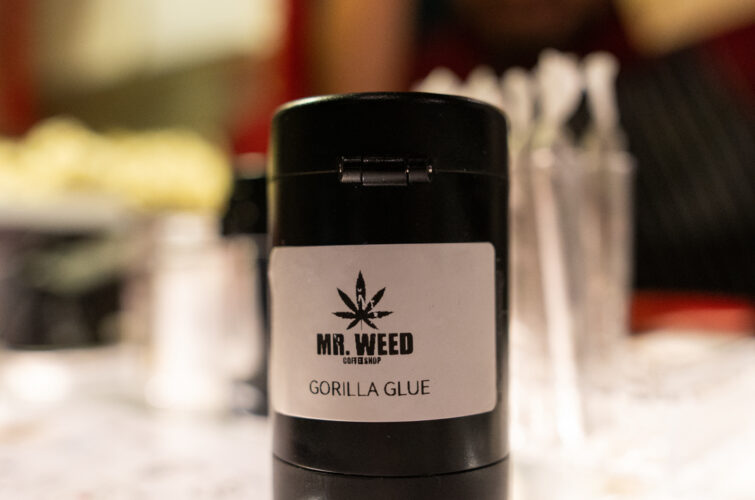 MR.WEED branded jar of Gorilla Glue flower